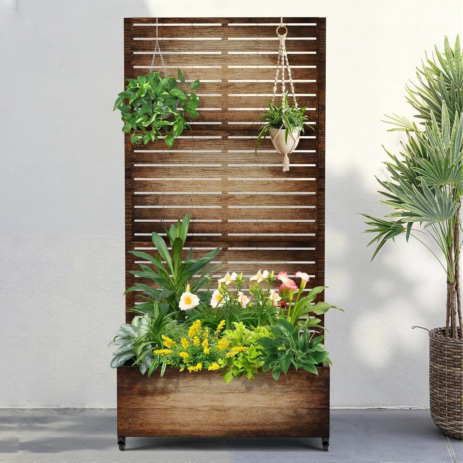 

Metal Raised Garden Bed with Wheels and Trellis,73"x35"x16" Planter Box for Climbing Plants, Vegetables & Vines, Features Privac