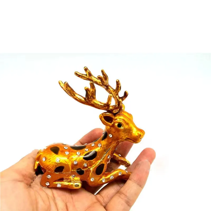 Hand Painted Hinged Gloden Deer Trinket Jewelry Box Crystal Jeweled Small Cute Sika Deer Animal Figurines Collectible