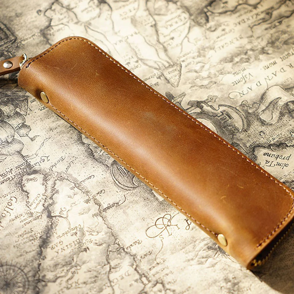 Genuine Leather Pencilcase With Pen Holder Organizer Nature Cowhide Pencil Case Stationery School Office Supplies Gift