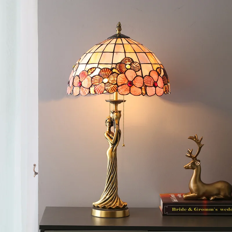 All-copper European-style Dewaxed Torch Goddess Creative Bedside Table Lamp French Tiffany Shell Decorative Ornament Lamps