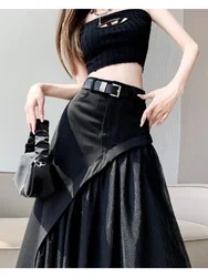 Women Patchwork Black Gothic Skirt Harajuku Korean Y2k Long Skirt Fashion Streetwear Vintage A-line Skirt 90s Emo 2000s Clothes