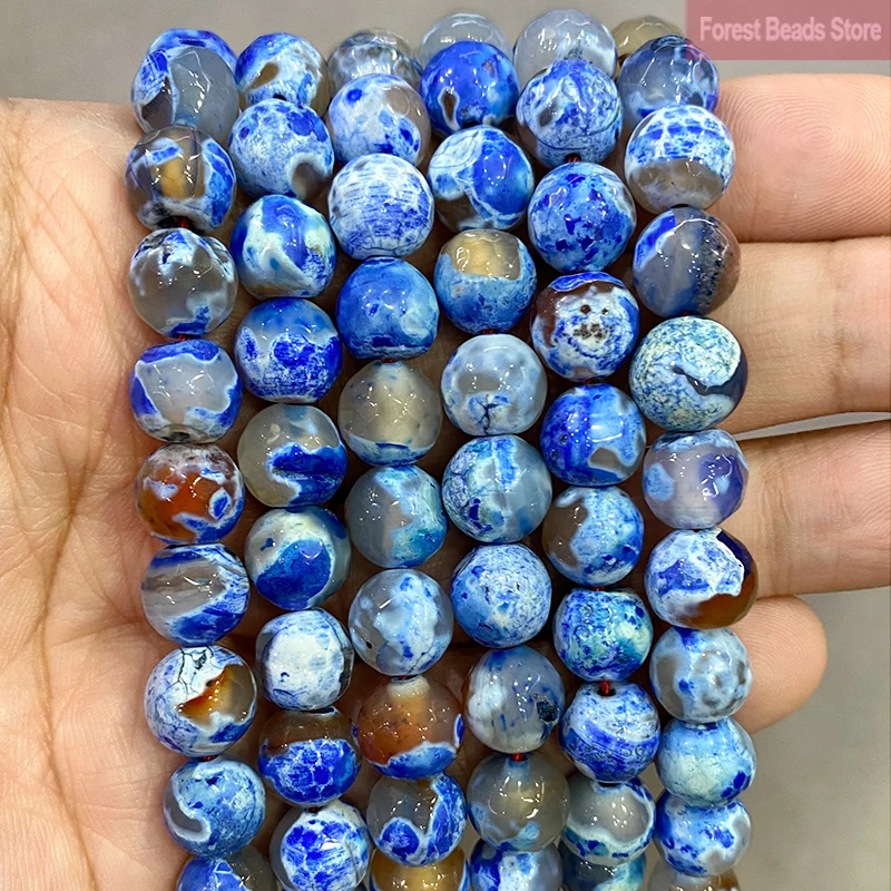 Natural Blue Frost Cracked Fire Agates Beads Faceted Stone Round Loose Beads 10mm Diy Handmade Bracelet Earrings 15'' Strand