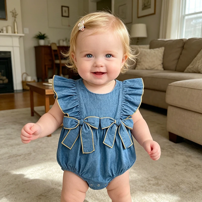 2026 Neuer Baby-Sommer-Strampler im neuen Stil mit Schleife, ärmellos, süßer Body, koreanische Version, blauer Denim-Overall
