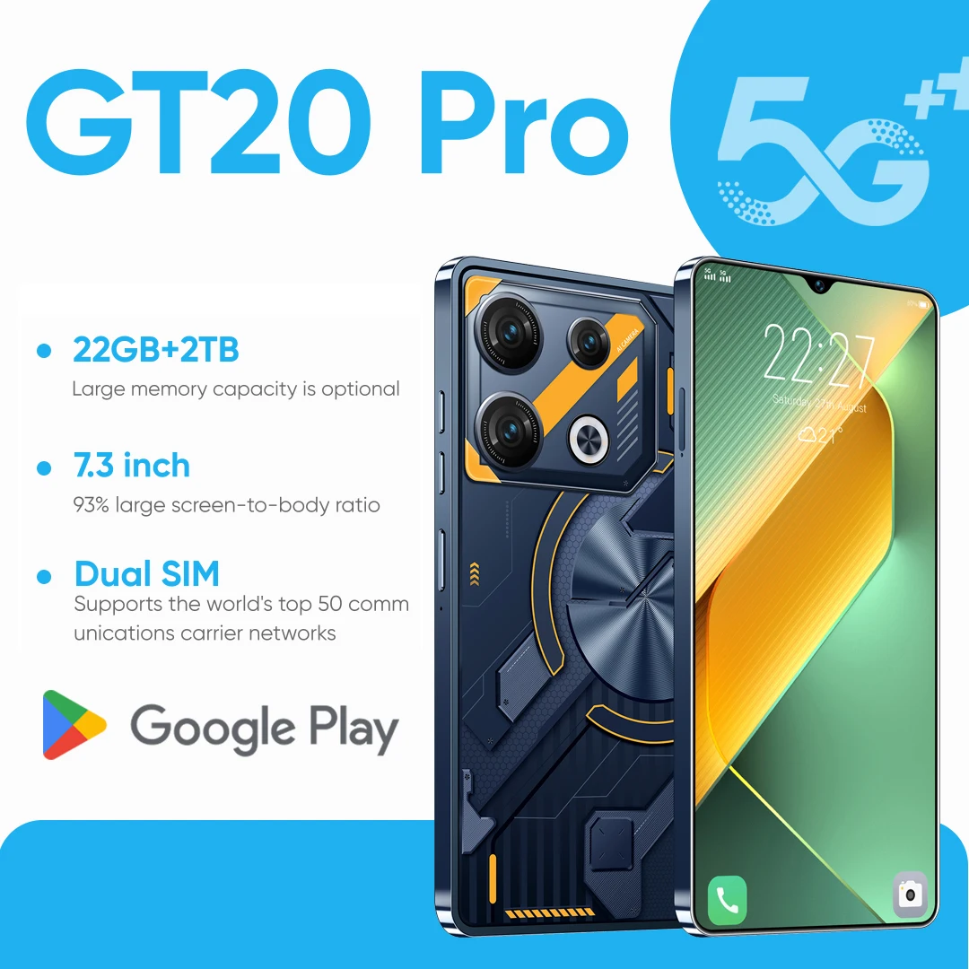 

Original GT20 Pro Smartphone 5G 7.3inch HD Android 14 22G+2TB Cell Phone Dual SIM Mobile Phones 50+108MP 7000mAh Unlocked NFC