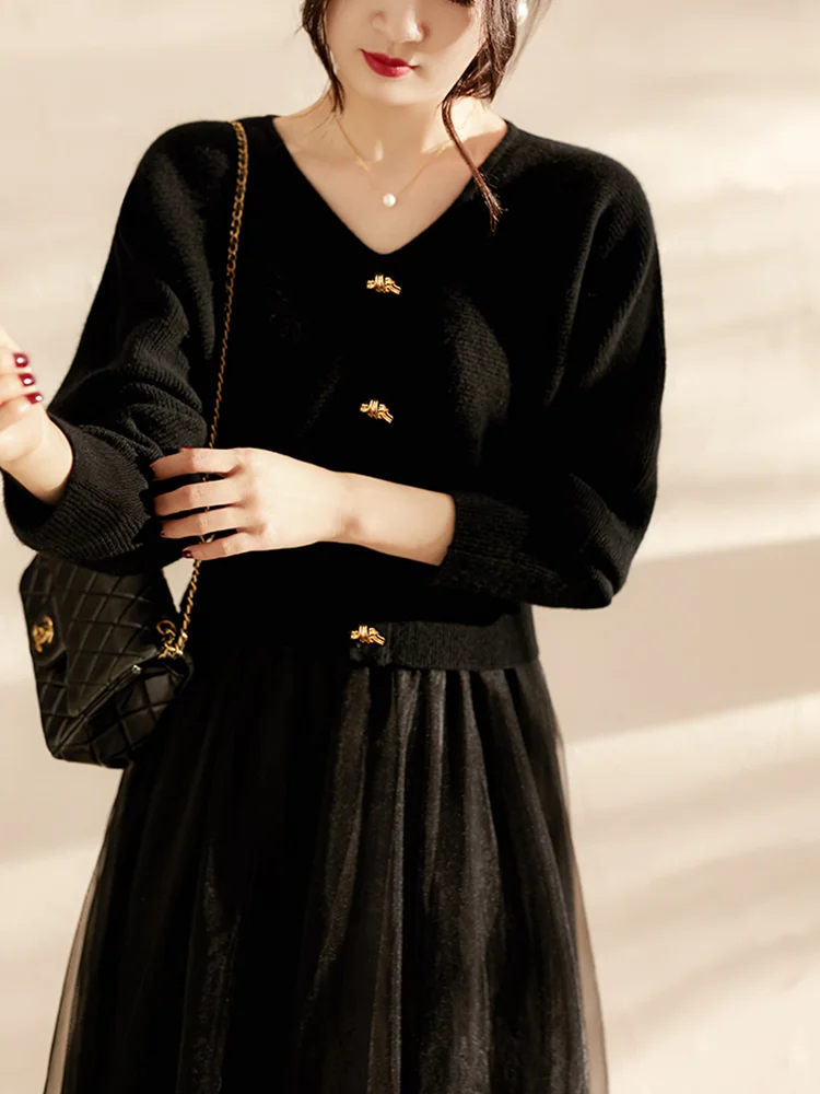 BirdTree-2024 Women New Elegant Sets, 90% Wool 10% Cashmere, Chic Soft Sweaters, OL Party Mesh Skirt, Autumn Winter S40303QM