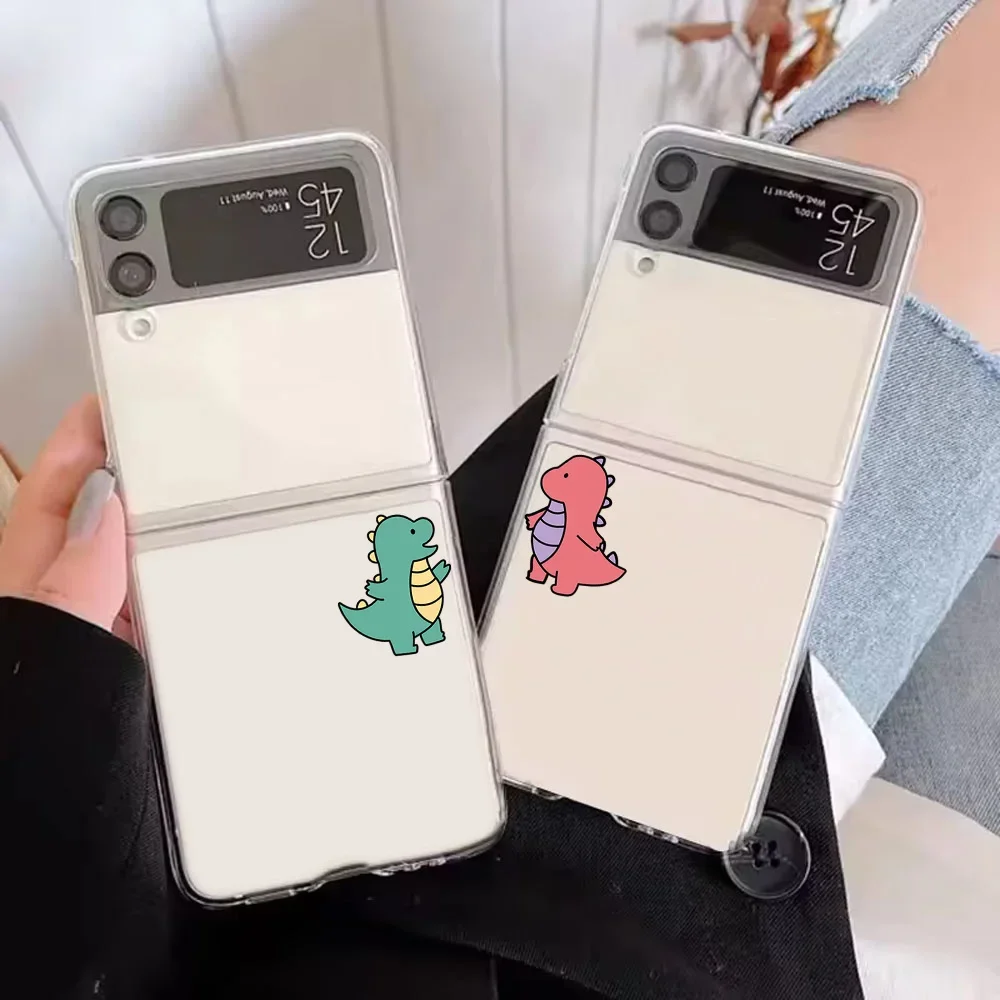 Cute Dinosaur Couple Paired Pattern Clear Case for Samsung Galaxy Z Flip6 Flip5 Flip4 Flip 6 5 4 3 Hard Cover Transparent Shell