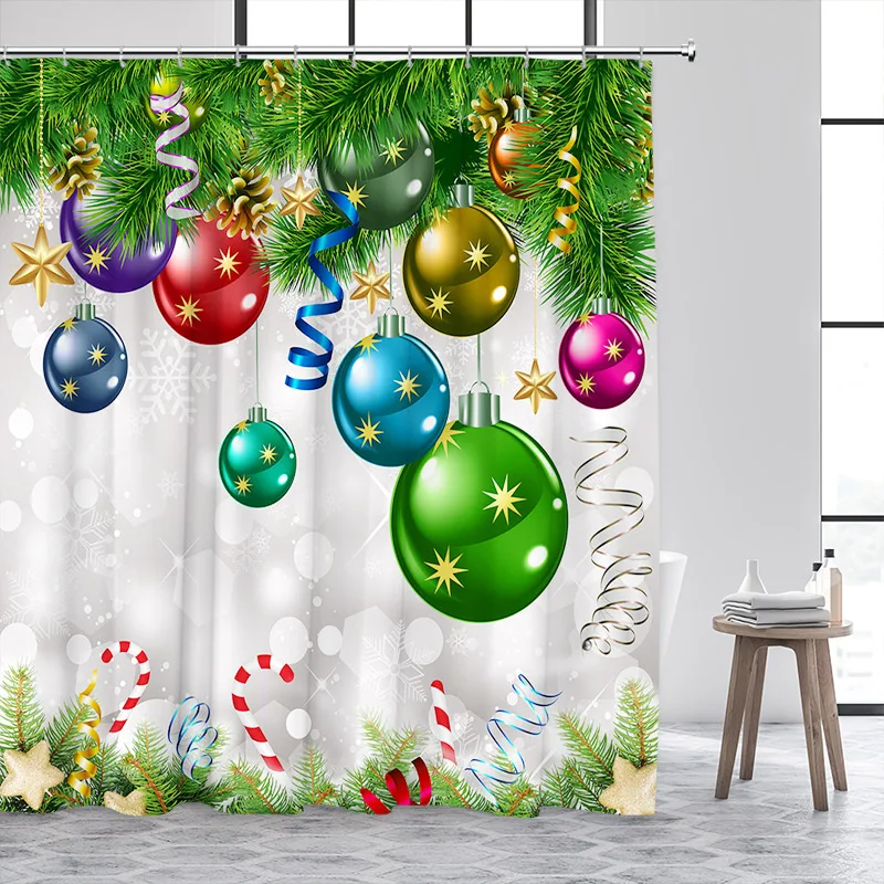 Christmas Shower Curtains Red Xmas Balls Green Pine Branches New Year Home Wall Hanging Fabric Bathroom Curtain Decor With Hooks