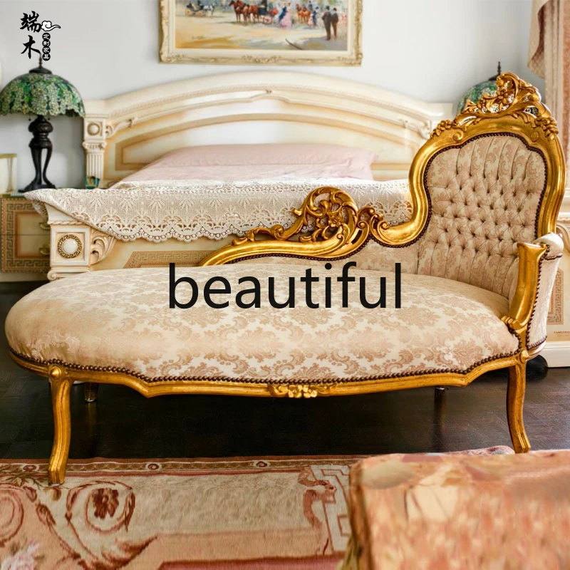 

French luxury solid wood chaise longue fabric printing buckle living room palace carved beauty couch toffee leisure lounge chair