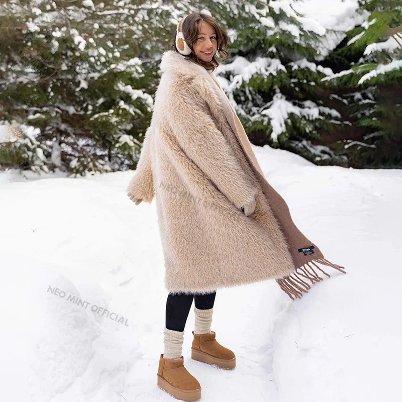 Neo Mint Exclusive Luxury Casual Long Faux Fur Parka Coat Women Winter 2024 Thick Warm Fluffy Eco Lamb Fur Teddy Jacket Overcoat