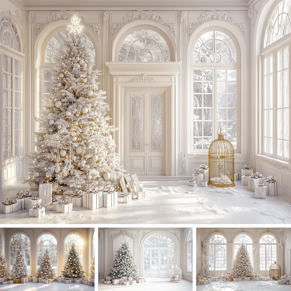

Christmas White Palace Christmas Tree Photography Wedding Party Window Christmas Tree Gift Background Winter Family Kids Photo