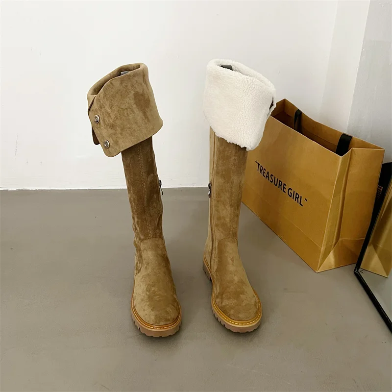 Botas por encima de la rodilla negras tacones altos marrón punta redonda zapatos de otoño 2025 Mujer tacones bajos botas altas Bottines Femmes