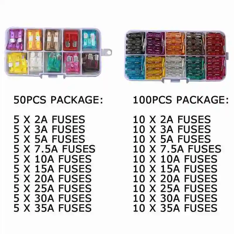 50/100Pcs Auto Car Fuses Kit Assorted Auto Truck Standard Blade Fuse Assortment 2A 3A 5A 7.5A 10A 15A 20A 25A 30A 35A Car Fuse