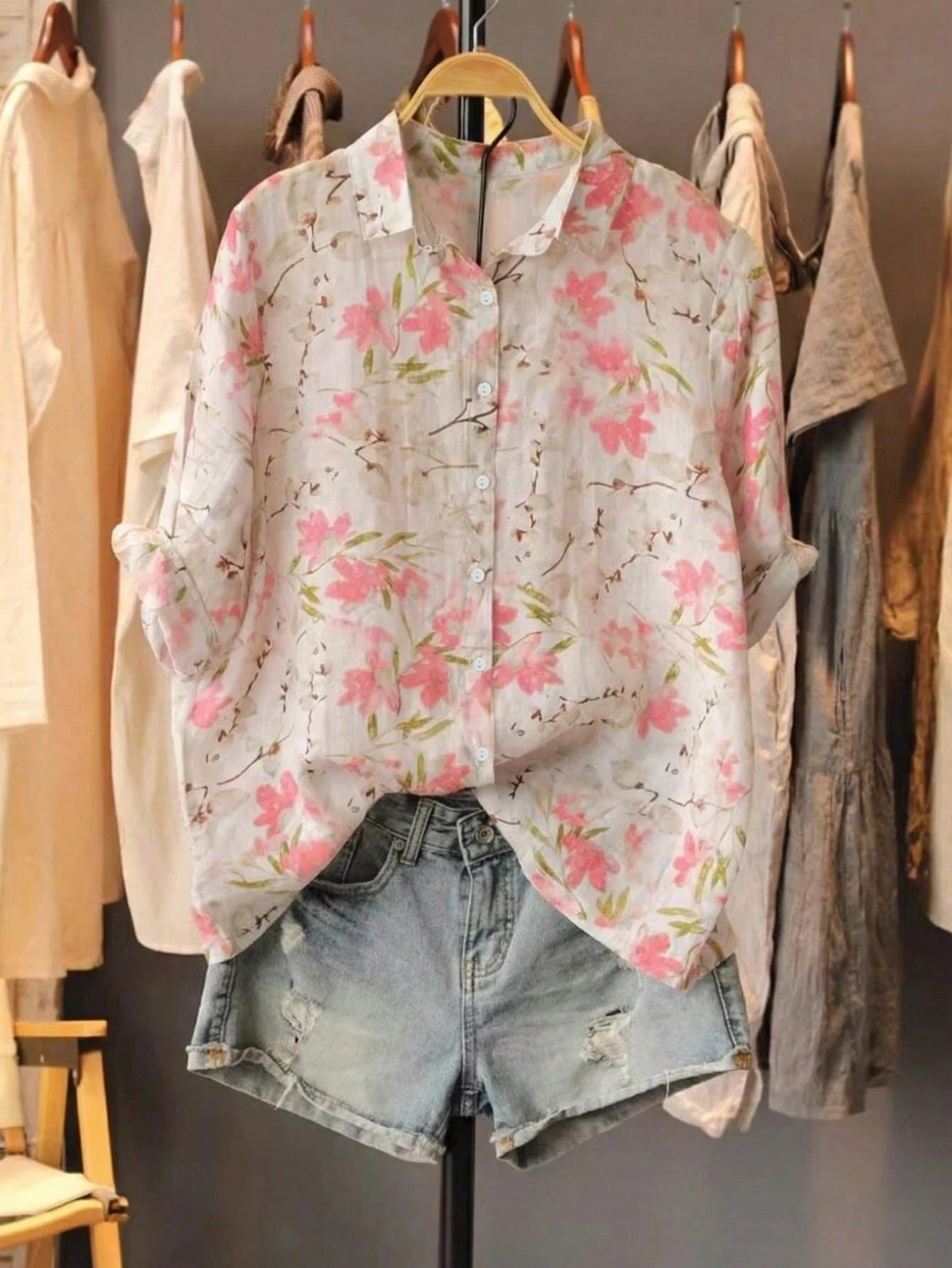 

Women's Floral Print Collared Blouse 3/4 Sleeve Loose Fit Casual Summer Shirt