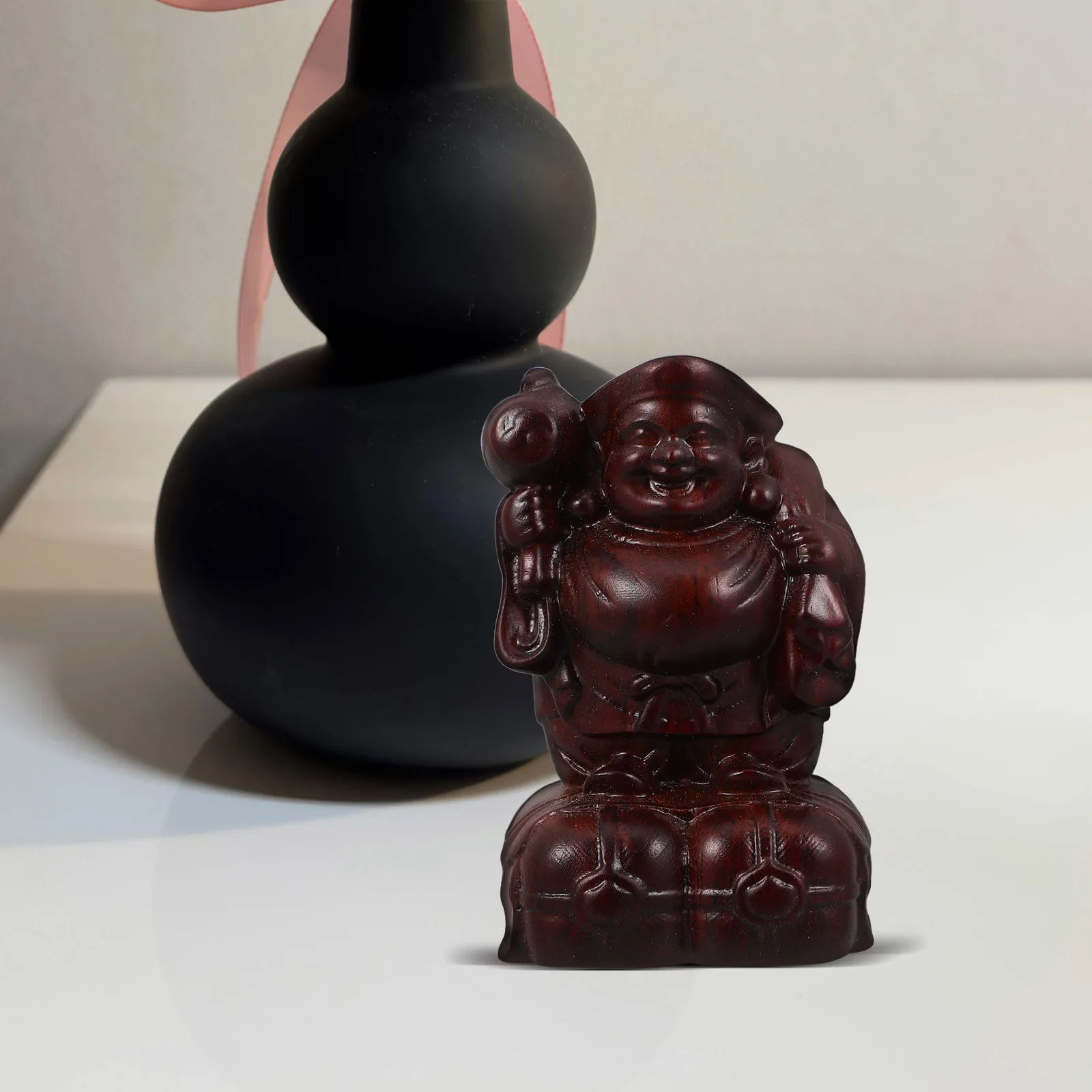 

Wooden God of Wealth Sculpture Exquisite Carving Miniature Ornament Desktop Table Centerpiece Home Office Decor