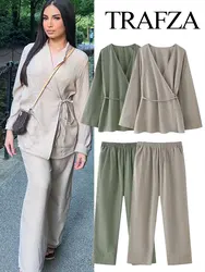 TRAFZA Retro Kimono Style Women's Casual V-neck Tie Loose Shirt Top + Pocket Elastic Waist Women's Wide-leg Pants 2-piece Set