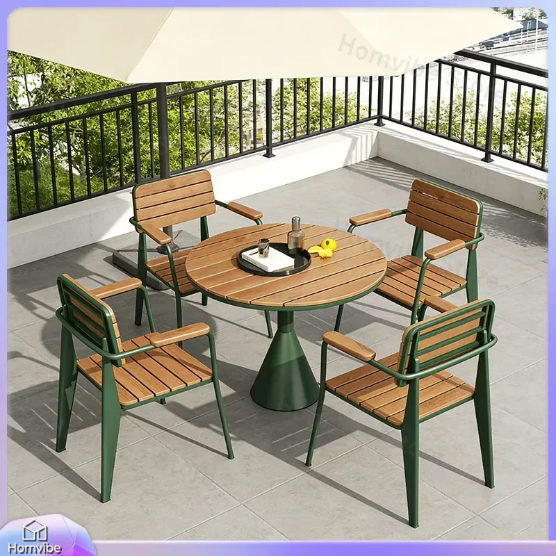 Outdoor Patio Furniture Set Plastic Wood Round Table and Chairs Waterproof Sunproof Garden Courtyard Cafe Commercial Leisure