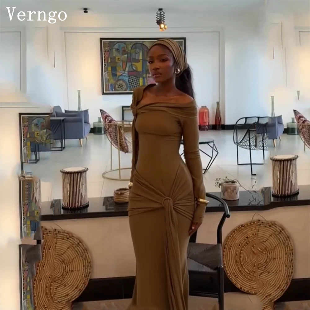 

Verngo Brown Crepe Evening Dress One Shoulder Full Sleeves Mermaid Pleated Formal Occasion Dress Modern Party Dress Customized