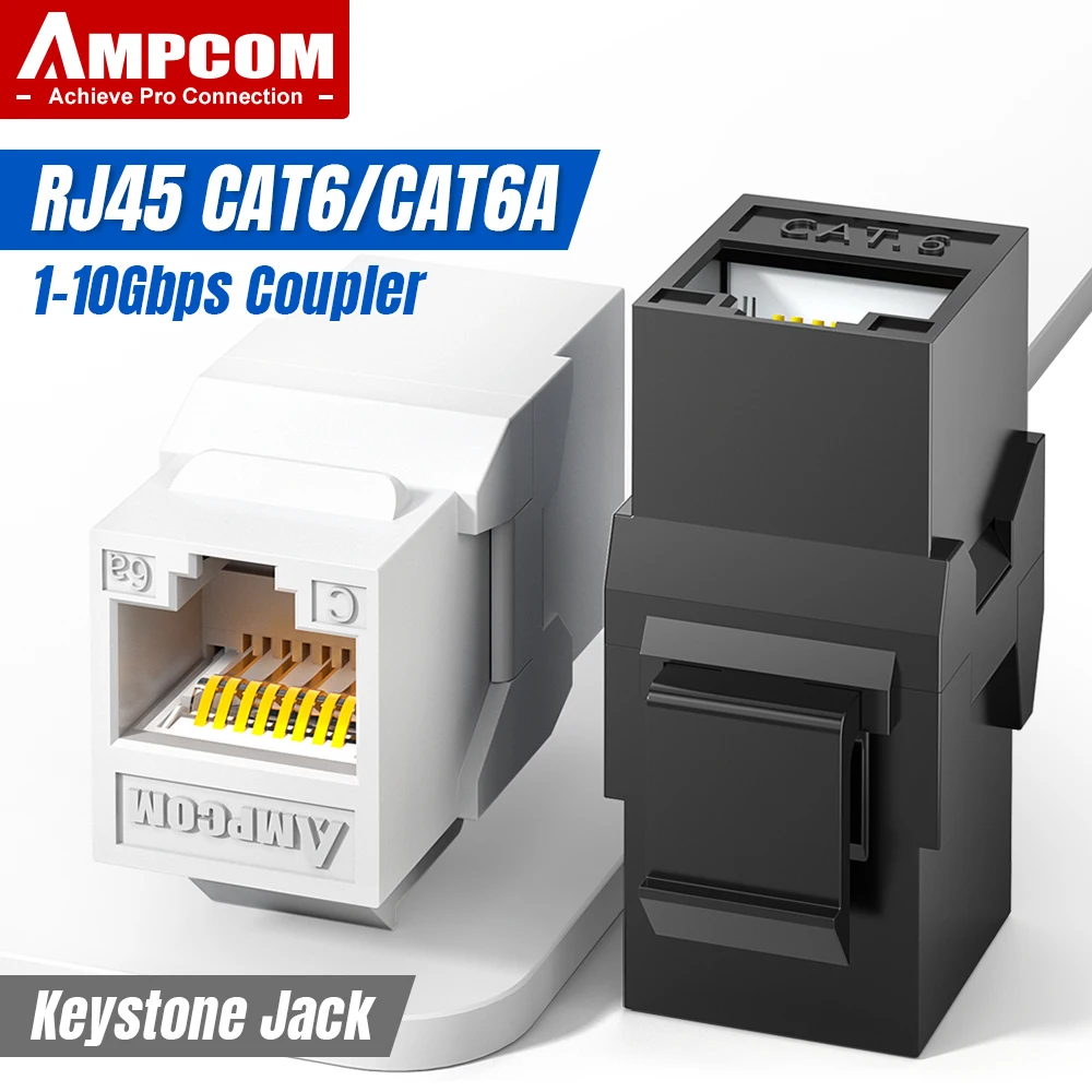 AMPCOM RJ45 UTP Feed-through Keystone Jack Coupler CAT6/CAT6A, 50U Gold Plated Network Plug Module Connector for Office, Home