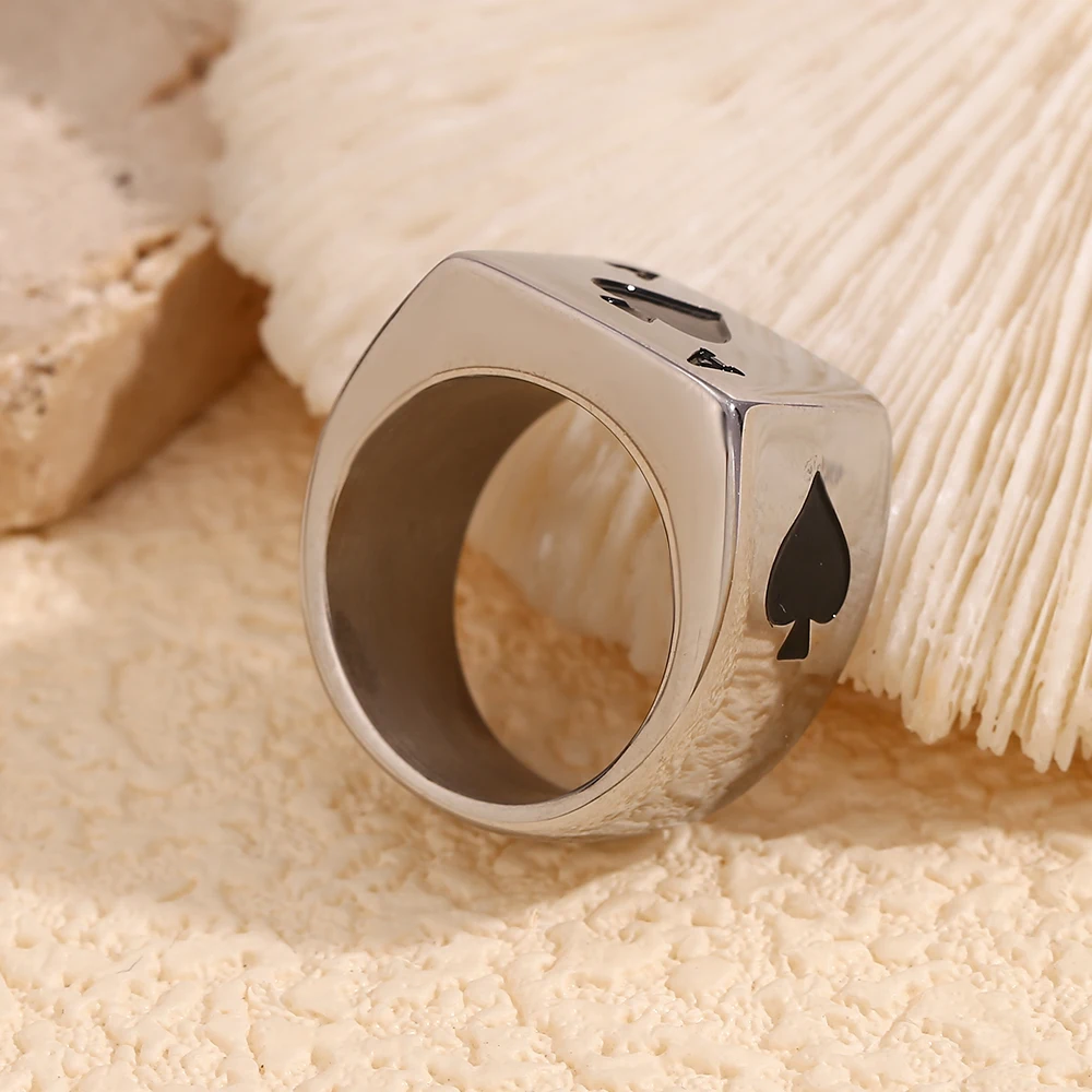 E.B.belle Card Spades A Pattern Ring Vintage Style Square Shape Men Jewelry Waterproof Hypoallergenic Stainless Steel 18K Plated image 4