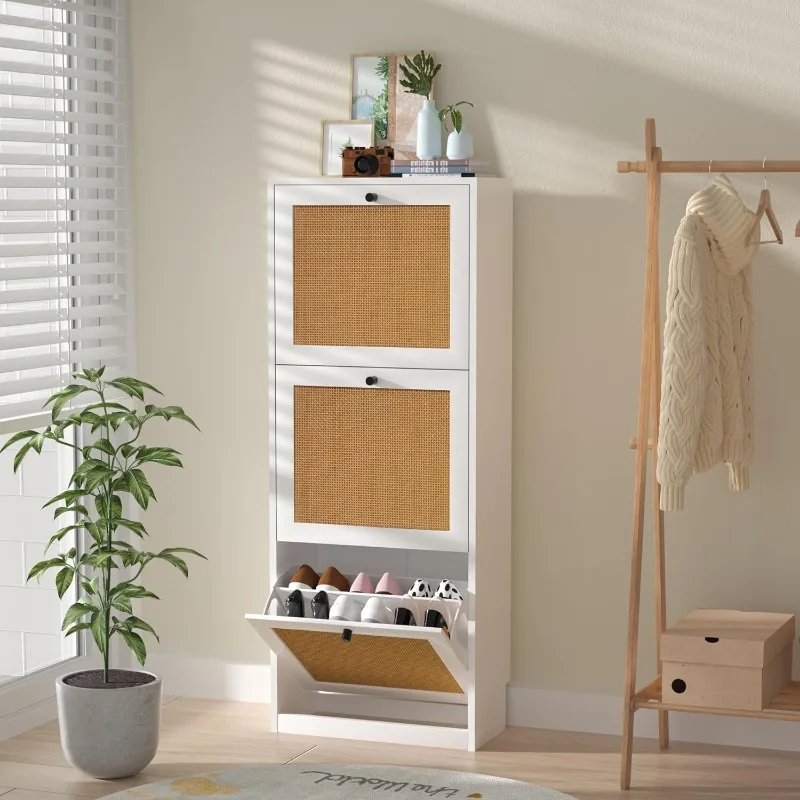 Rattan Shoe Cabinet, Entryway Cabinet Wooden Shoe Rack with 2 Flip Drawers, 2-Tier Shoe Storage Cabinet