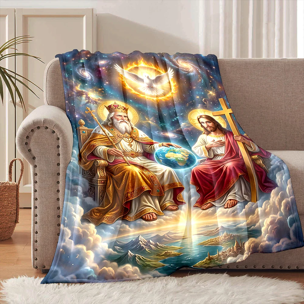 

1PC Father Son Holy Spirit Dove Cross Faith-printed Flannel Blanket Soft and Warm Suitable for Home Travel Picnics Camping RV