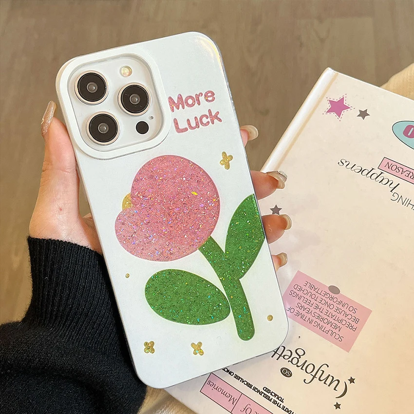 

Tulip Pattern Phone Case For Iphone 17 16 15 14 13 Pro 12 11 Max Plus 16Promax Glitter Decoration Phone Case Simple 15Pro Cover