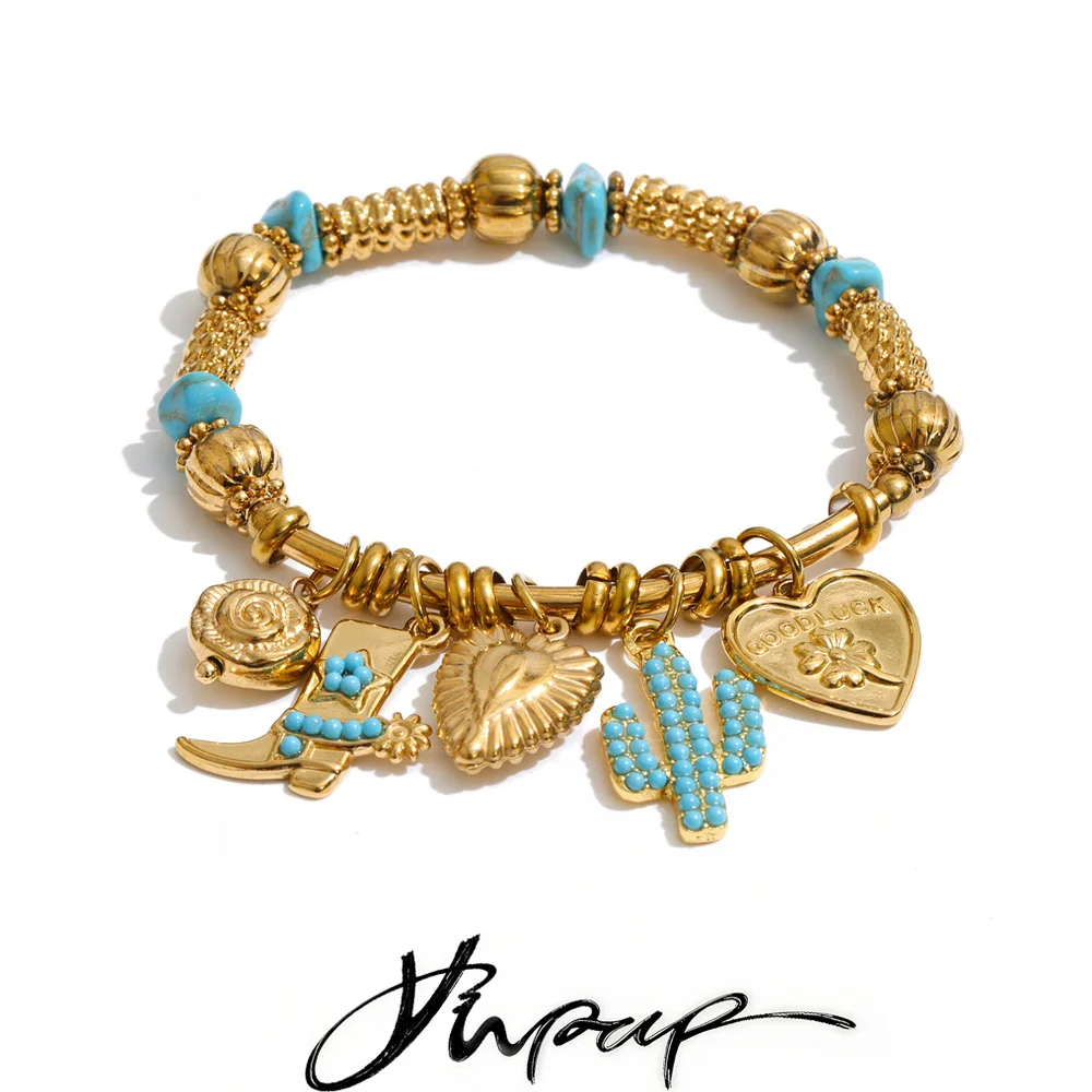 Yhpup 60mm Edelstahl Handgefertigtes Perlenarmband Armreif 2026 Stein Herz Schuh Blume Anhänger Europa Vintage Glücksbringer Schmuck