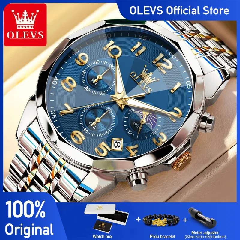 

OLEVS 3676 Мужские часы Деловой бренд Кварцевые часы Водонепроницаемые часы из нержавеющей стали для мужчин Часы с фазой Луны и коробкой Оригинал
