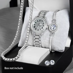 5pcs Women Stylish Watch Jewelry Set Iced Out Zircon Wrist Watch Bracelet Earrings Hip-hop Tennis Chain Trend Luxury Party Gift