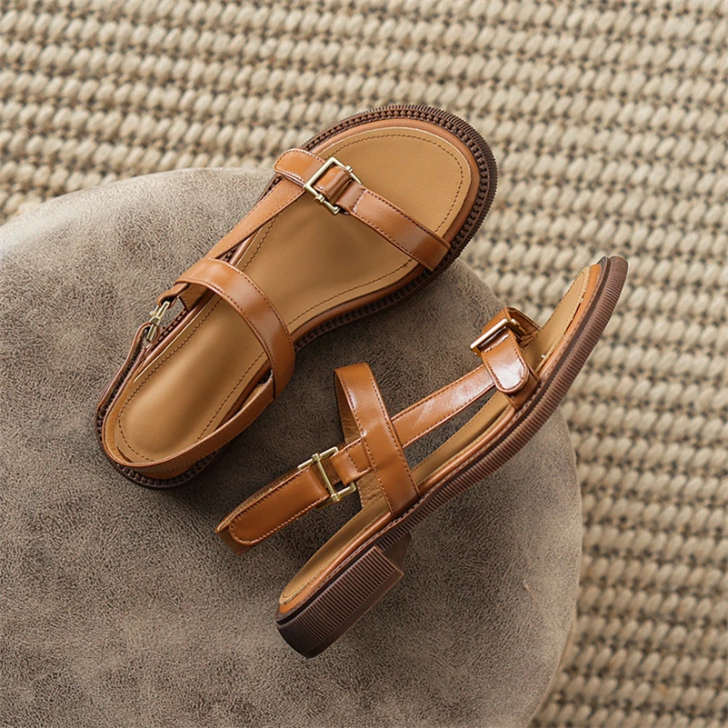 Meotina Women Genuine Leather Sandals Round Toe Flats Concise Brand Design Ladies Fashion Casual Shoes Summer Beige Khaki 40