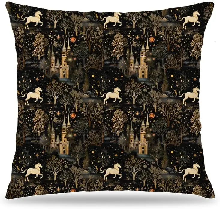 Medieval Dark Gothic Forest Pillow Cover 18x18 Double-Sided, Witchy Boho Celestial Whimsical Forest Horse Castle Decorative