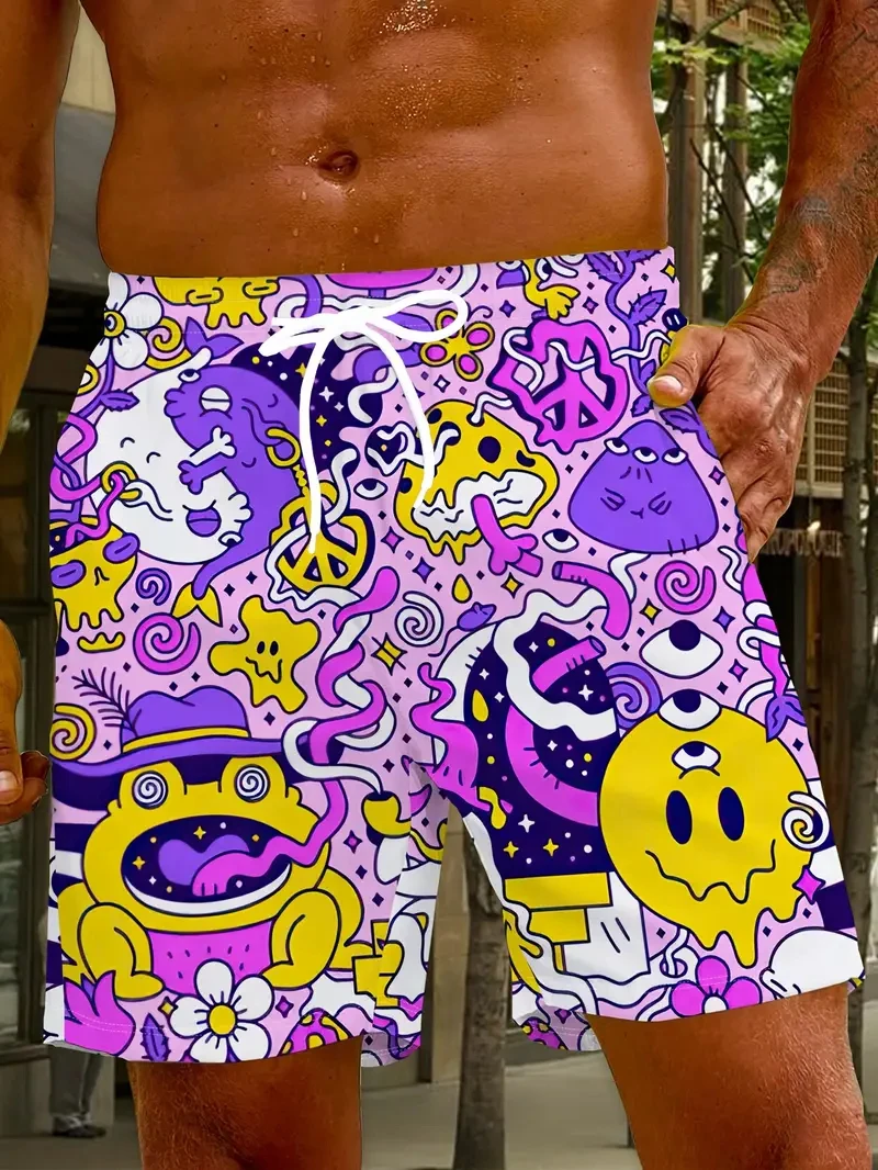 Men's Shorts Fashion Graffiti Pattern 3D Printing Men's Casual Drawstring Shorts New Summer Leisure Quick Drying Sport Trunks