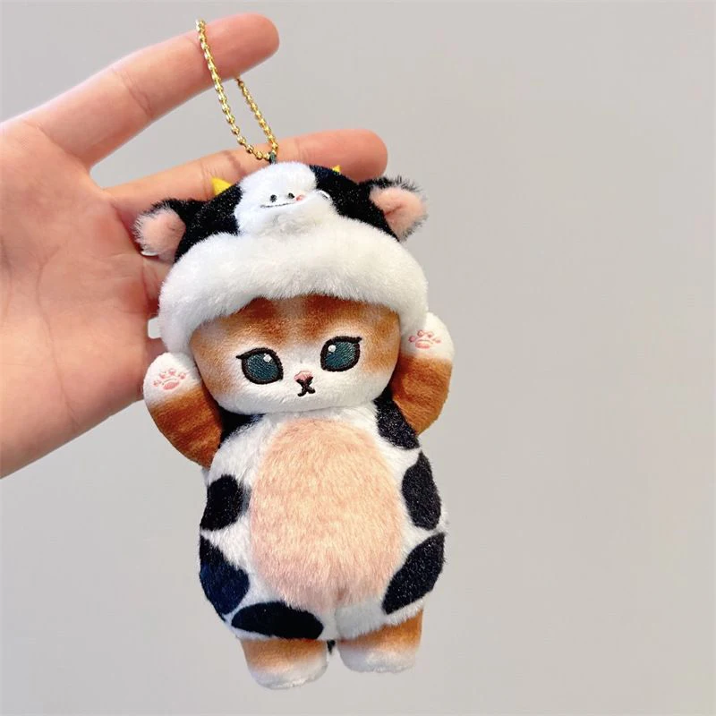 Creative Plush Cat Doll Keychians Stuffed Cow Cat Cute Keyrings For Backpack Kawaii Cartoon Small Cat Keychains For Bag Pendant