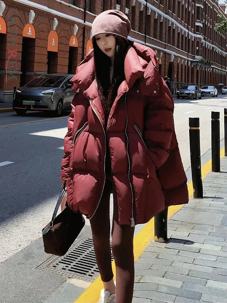 LANMREM Luxury Red Cotton Padded Coats For Women Medium Long Loose Style Hooded Warm Coat Female Streetwear 2024 New 2DB1410