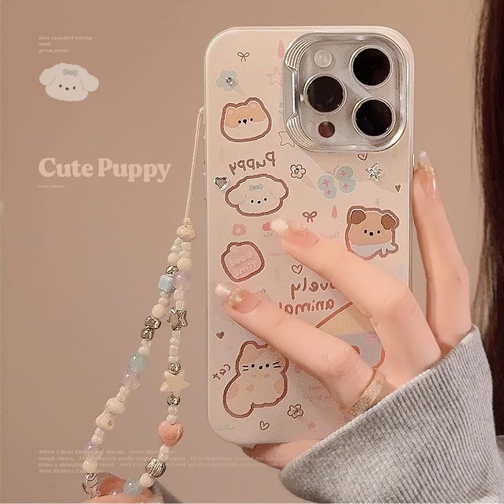 Korean Cartoon Puppy Kitten Diamond Sticker Phone Case for iPhone 17 16 15 14 12 13 Pro Max With Lanyard Shockproof Hard Cover