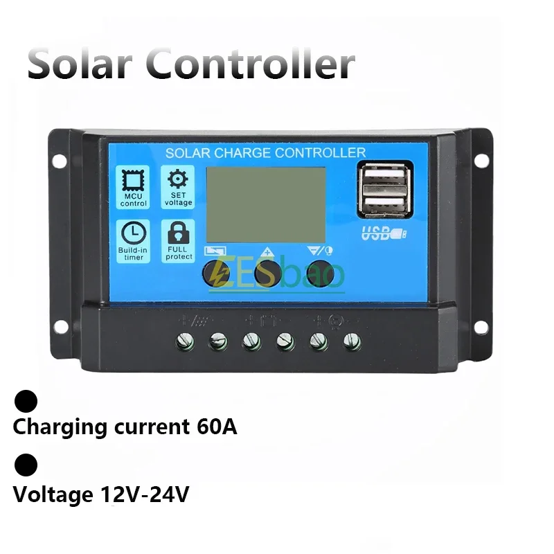 Solar Charge Controller 60A 12V/24V Voltage Regulator Solar Panel Photovoltaic Home with PWM Solar Charger LCD Display Dual USB