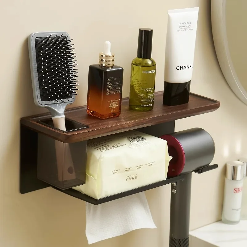 Black Walnut Multi-layer Punch Free Bathroom Organizer Integrated Tissue Toothbrush Facial Towel Hair Dryer Storage Holder