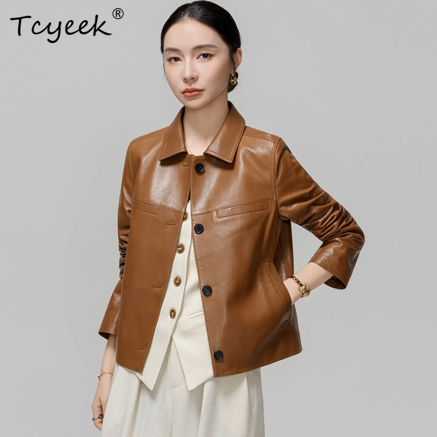 Tcyeek Real Leather Jacket Woman Fashion Autumn Clothes Oli Wax Natural Sheepskin Coat Women Slim Fit Semi Vegetable Tanning