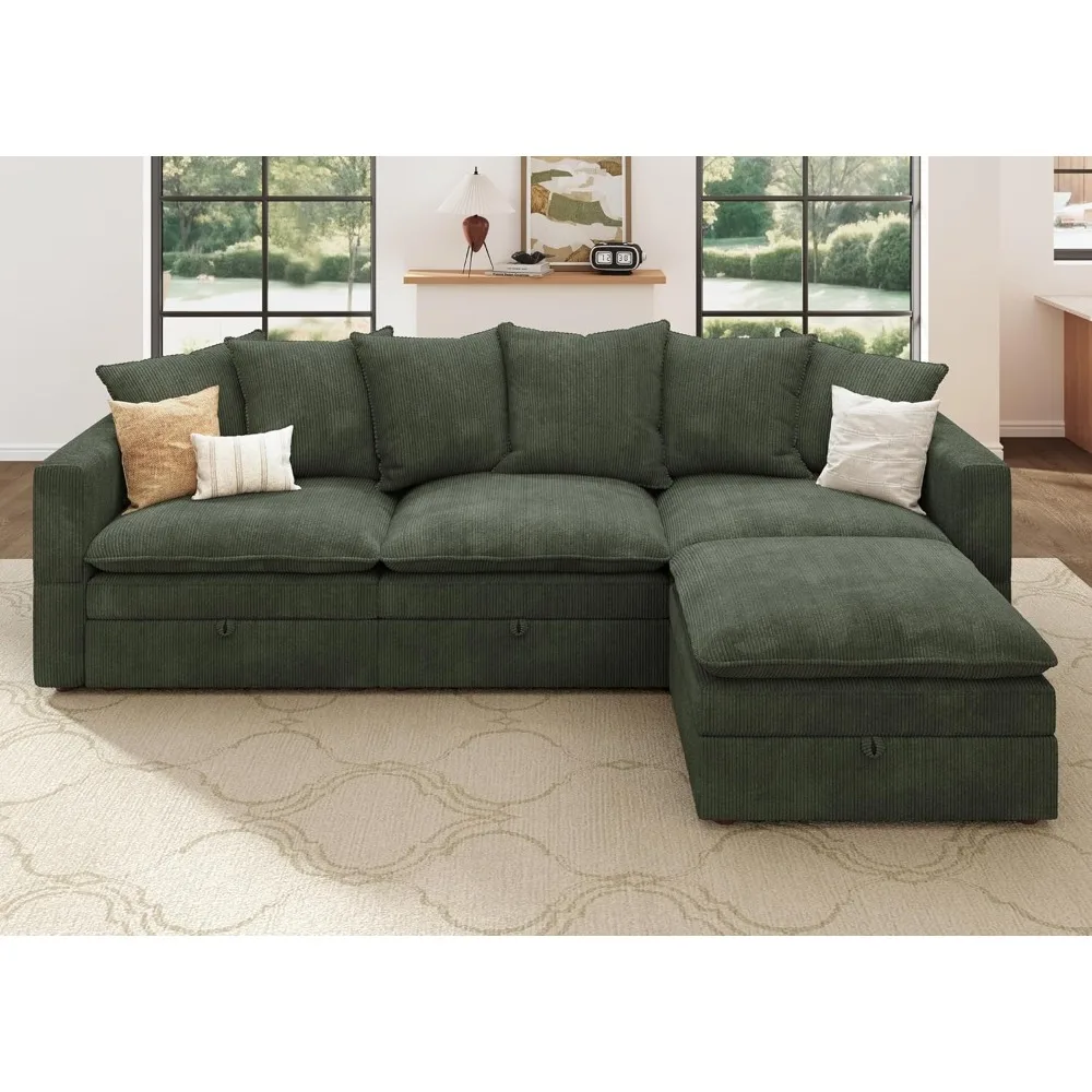 

Modular Sectional Sofa, L Shaped Couch with Storage, Corduroy Sectional Couches for Living Room, Green