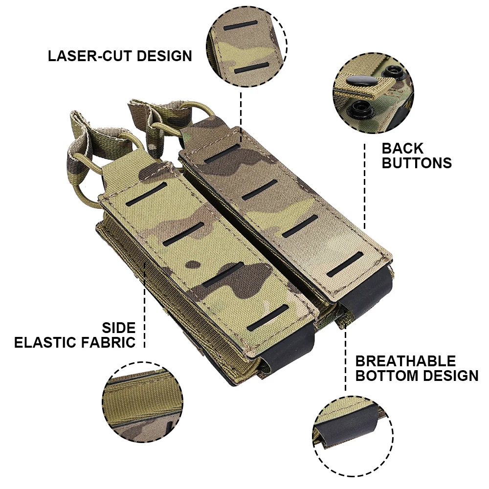 Tactical Double Pistol MAG Pouch 9mm Magazine Holder For Belt MOLLE Laser Cut Elastic Bungee Cord Retention Hunting