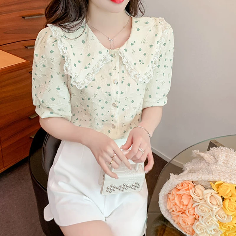 Shirts Women Floral Kawaii Summer Sweet Mujer Slim Elegant Simple Ins Lace French Style Students Stylish All-match Young Chic