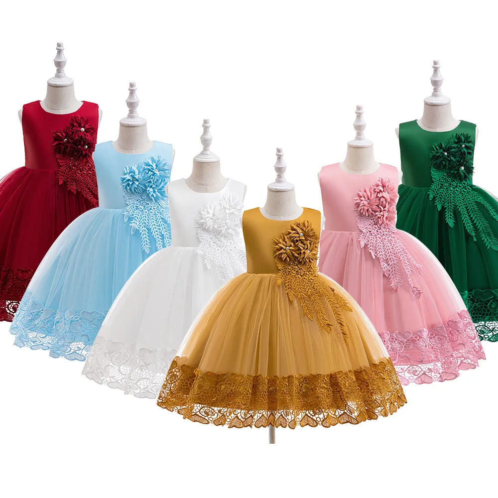 

Летние кружевные вечерние платья принцессы с цветочной аппликацией для девочек, детский костюм для детей, торжественное вечернее платье на свадьбу, день рождения