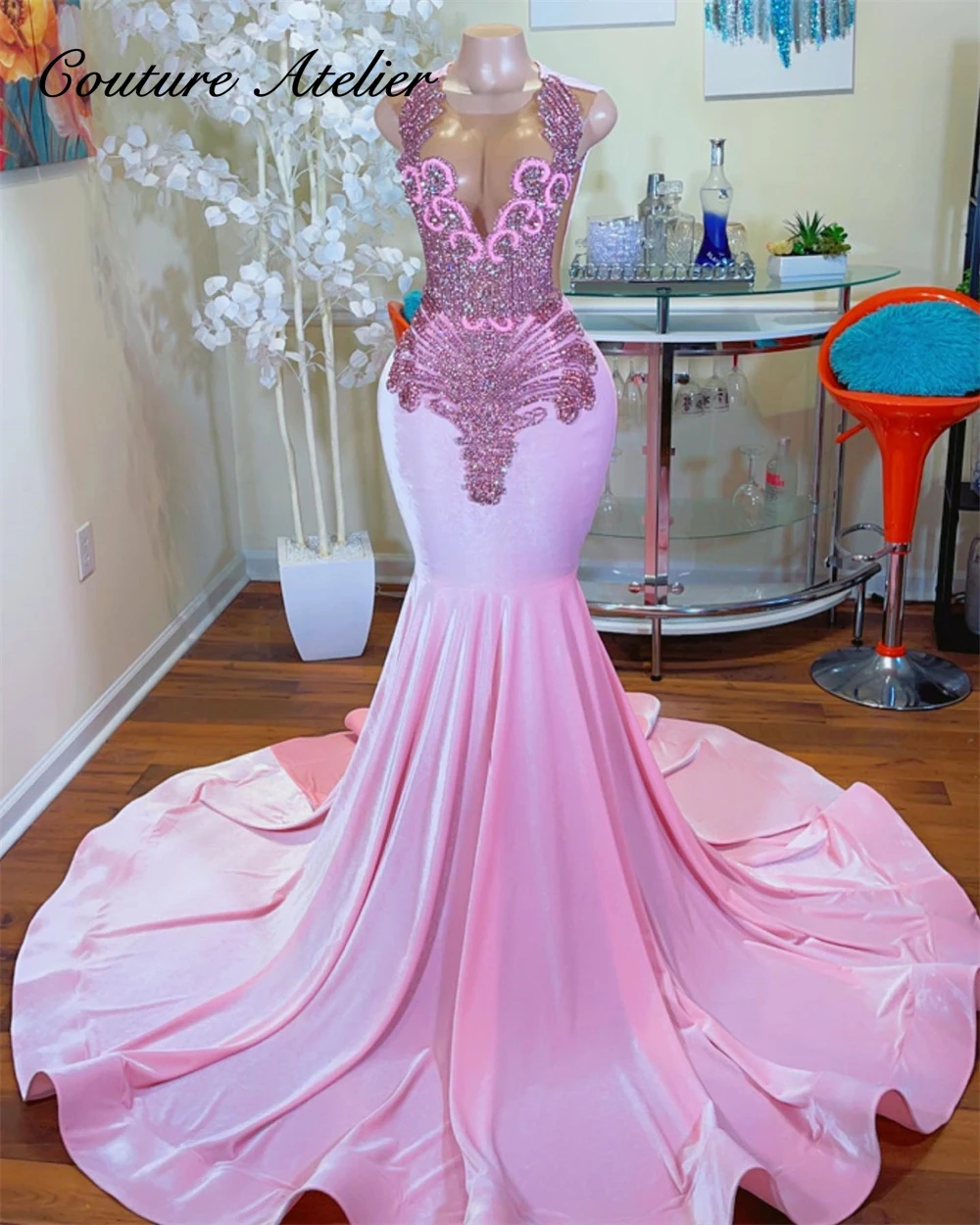 Angelic Pink Velvet Crystal Mermaid Prom Dresses African See Thru Evening Dresses For Wedding Party Sheer Mesh vestido de gala