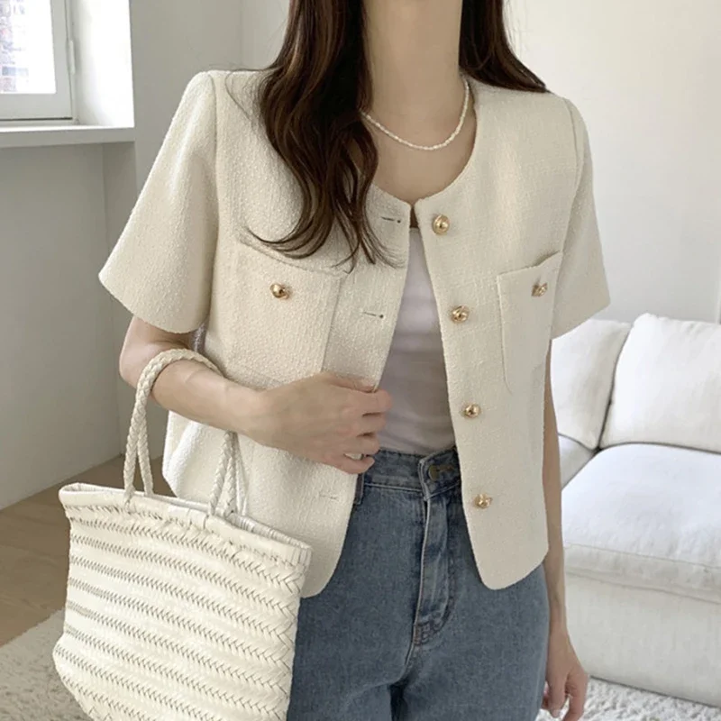 Retro Chic Summer Loose Fit round Ne ort Sve Wool Blend Metal Button Versatile Outerwear for Women