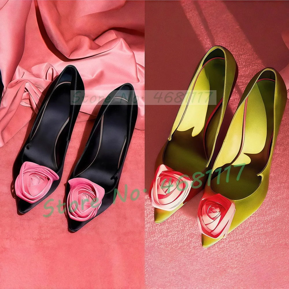 Rosebud Pointy Satin Pumps Women Romantic Rose Flower Decals Two-color Thin High Heels Party Shoes Luxury Feminine Ladies Pumps