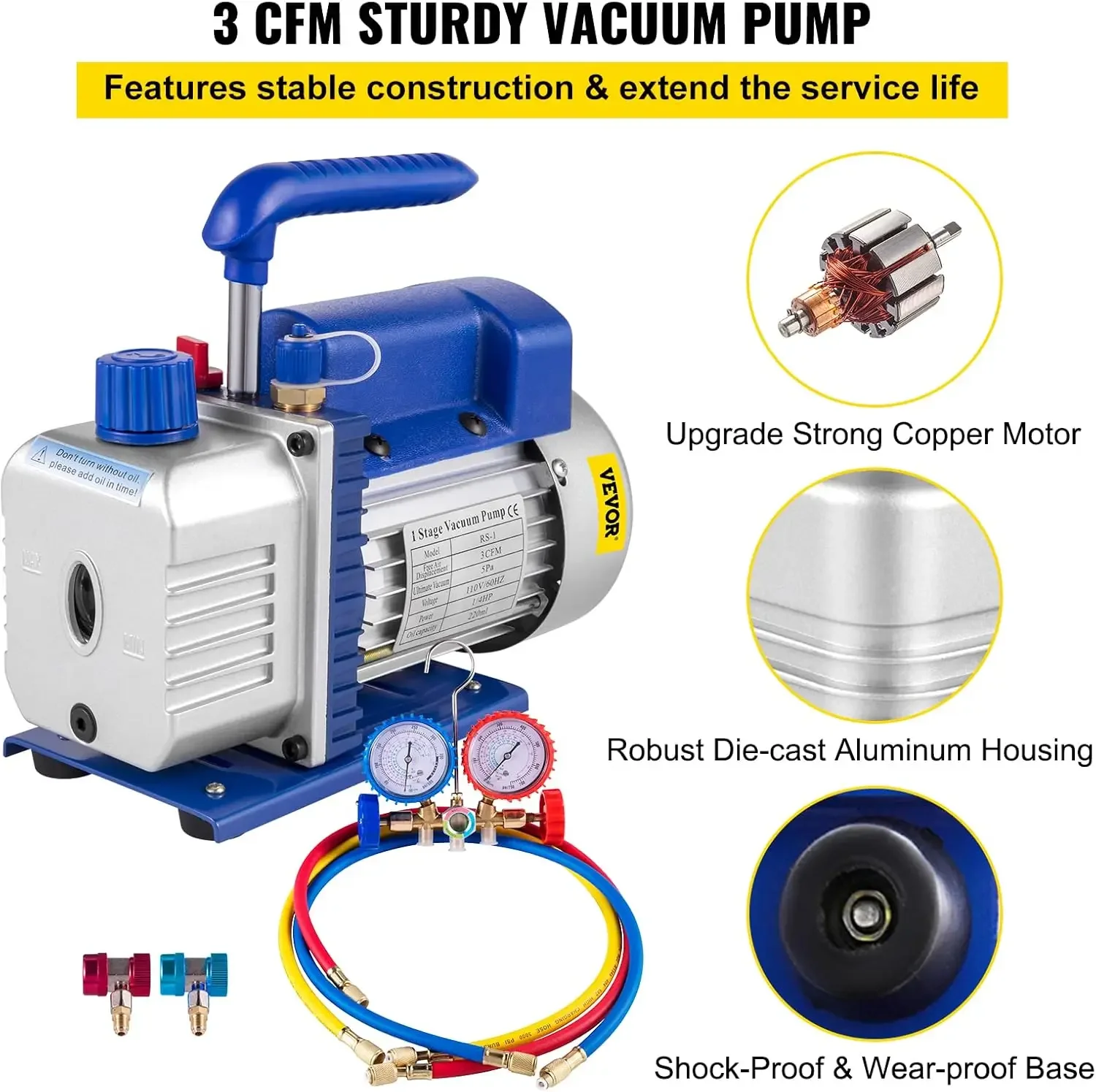 3CFM 1/4HP Single Stage Air Vacuum Pump HVAC R134a R12 R22 R410a A/C Refrigeration Kit AC Manifold Gauge R134 Can Tap