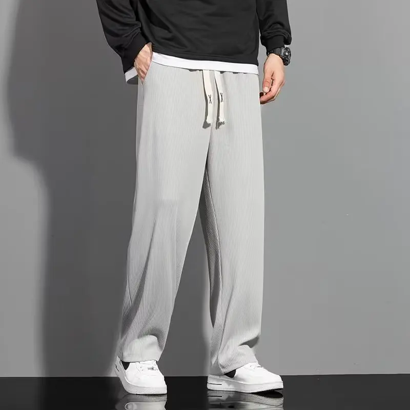 

Trendy Ice Silk Straight Leg Men's Casual Pants Spring Autumn Summer Loose Fit Youthful Sle Pure Color mid Waist Long Trousers