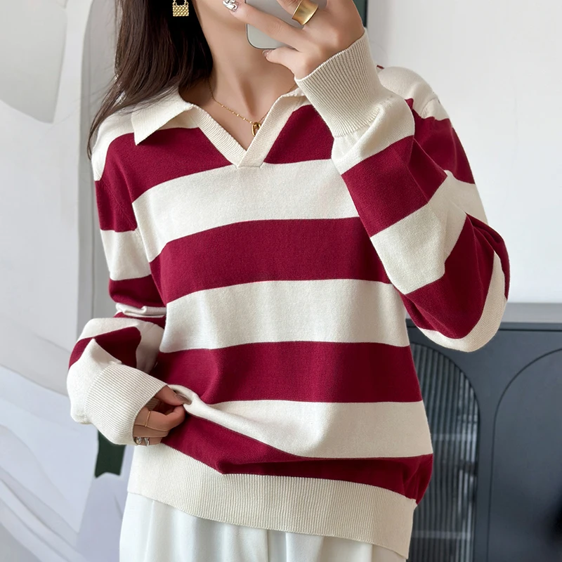 THYFGT 100% Cotton Women POLO Colla RWide Stripe Pullover Sweater Luxury Designer Clothing Plus Size Clearance Sale