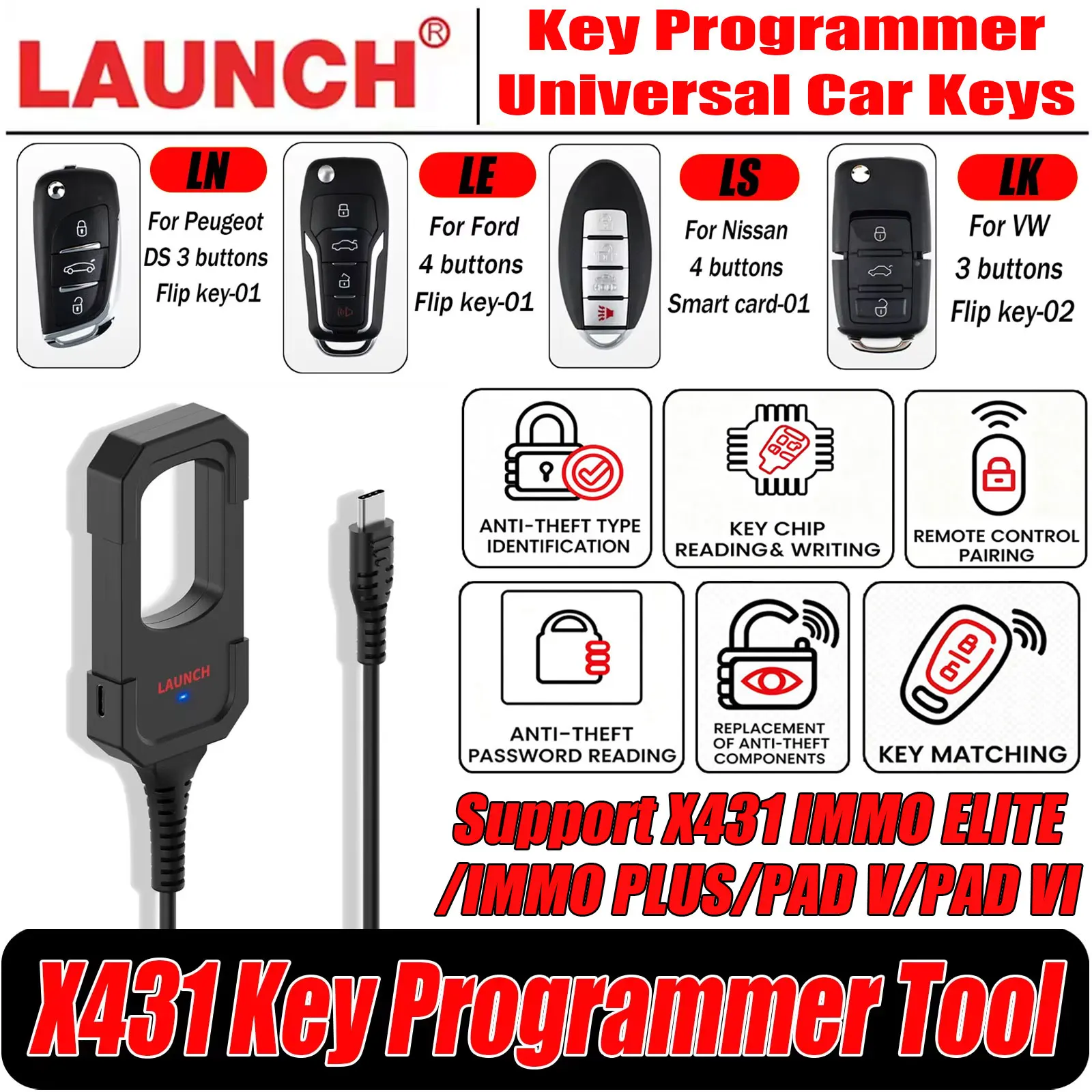 LAUNCH X431 Key Programmer Tool IMMO Programming work with X431 Full Series PAD V/ IMMO PLUS/ IMMO ELITE with 4 Smart Keys Set