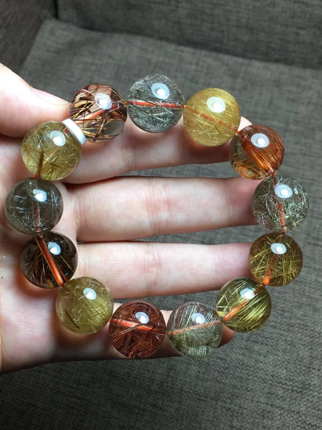 Genuine Natural Copper Colorful Rutilated Quartz Bracelet 17mm Gold Green Rutilated Clear Round Women Bracelet AAAAAA